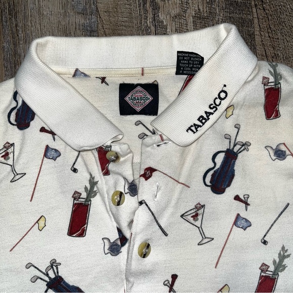 Vintage Tabasco Hot Sauce‎ Polo Shirt Men's XL All Over Print Golf Chili Peppers - Picture 2 of 5